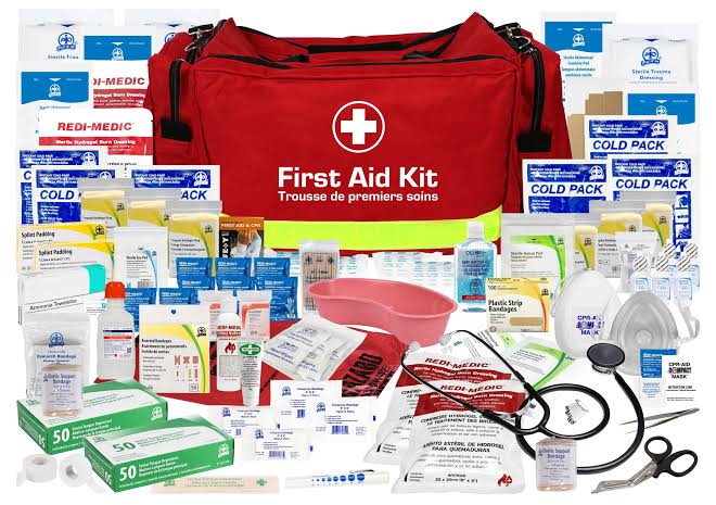 Assorted first responder kits and emergency treatment packs certified to WHO and UNBS standards, displayed for immediate dispatch from Kampala, Uganda to disaster zones and field hospitals.